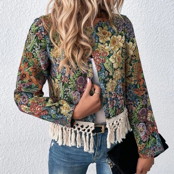 . Jackets & Blazers - Green Preppy Womens Floral Print Open Front Fringe Hem Jacket